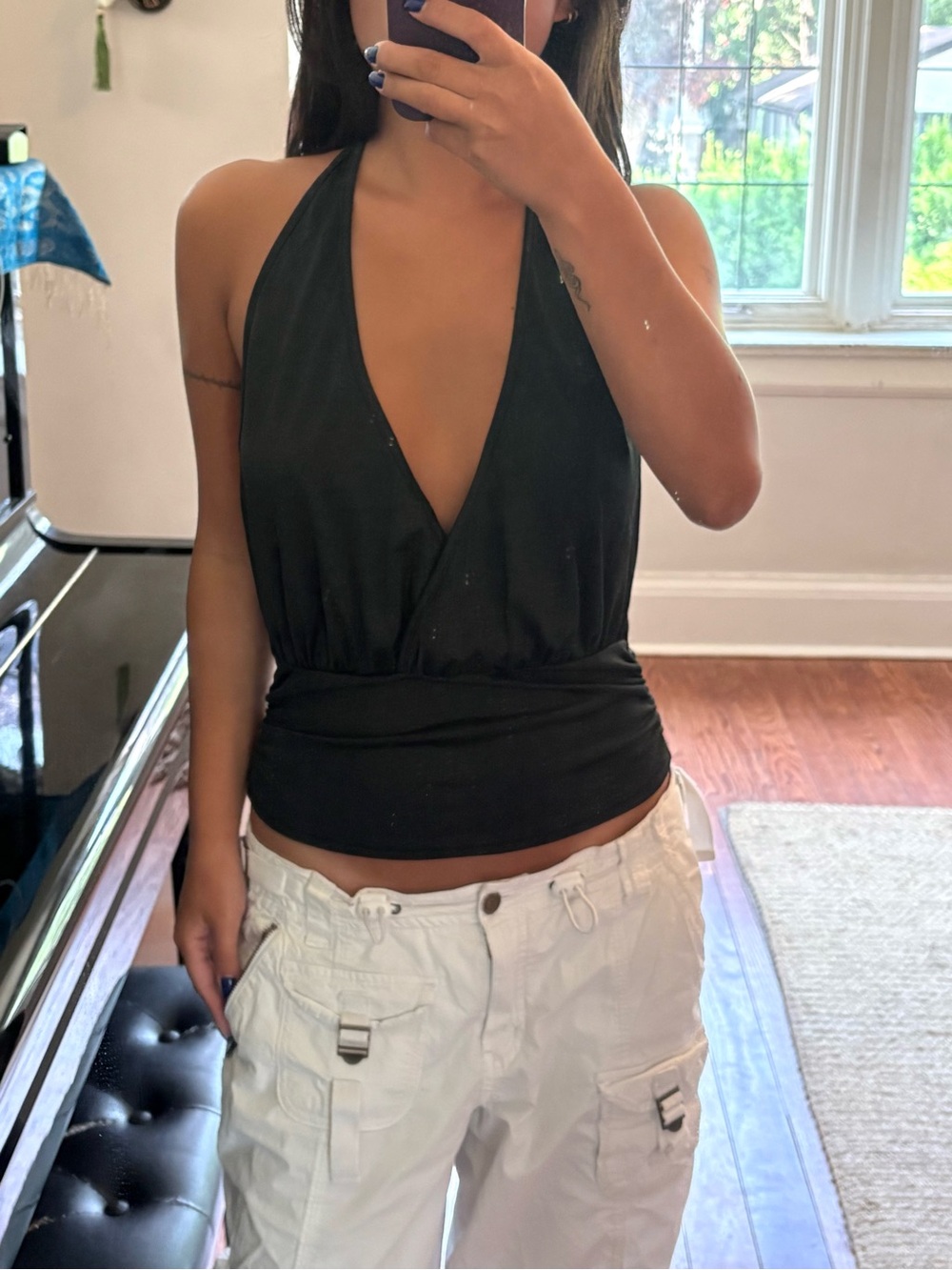 Black Halter Deep V Wrap Front Backless Top